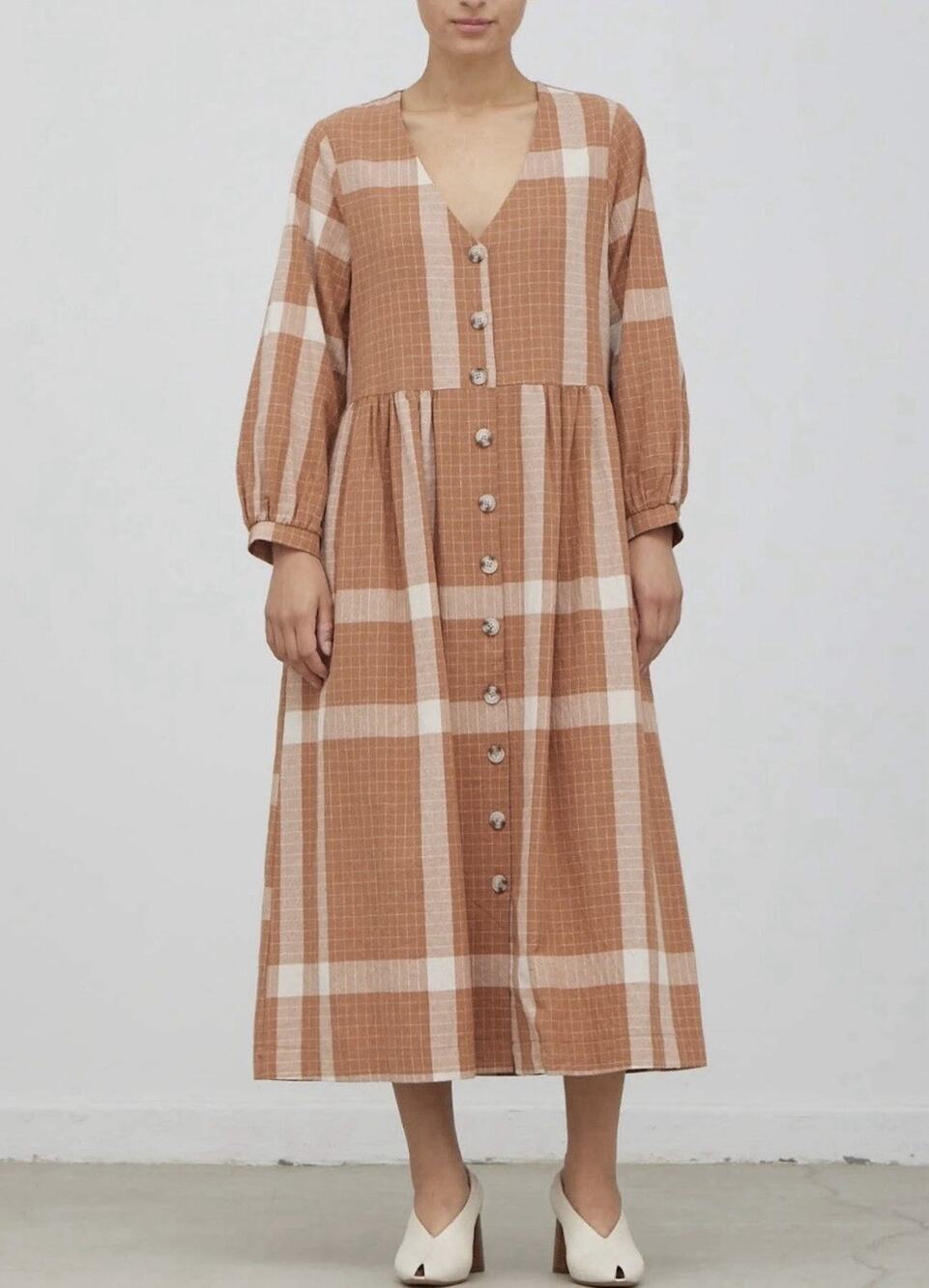 Grade & Gather Overfit Plaid Button Down Midi Dress V Neck Long Slv Prairie Sz S